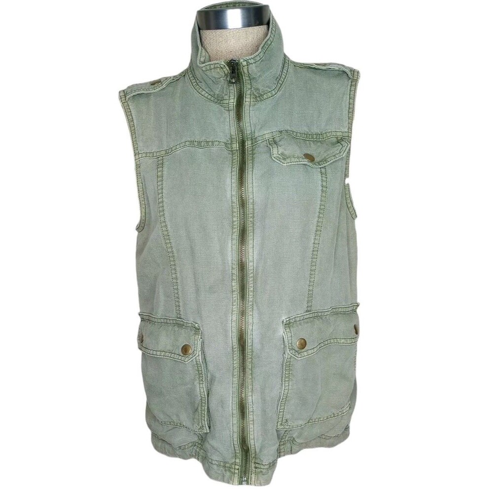 Lucky Brand Womens Green Full Zip Vest Cinch Sleeveless Size M Cotton Linen
